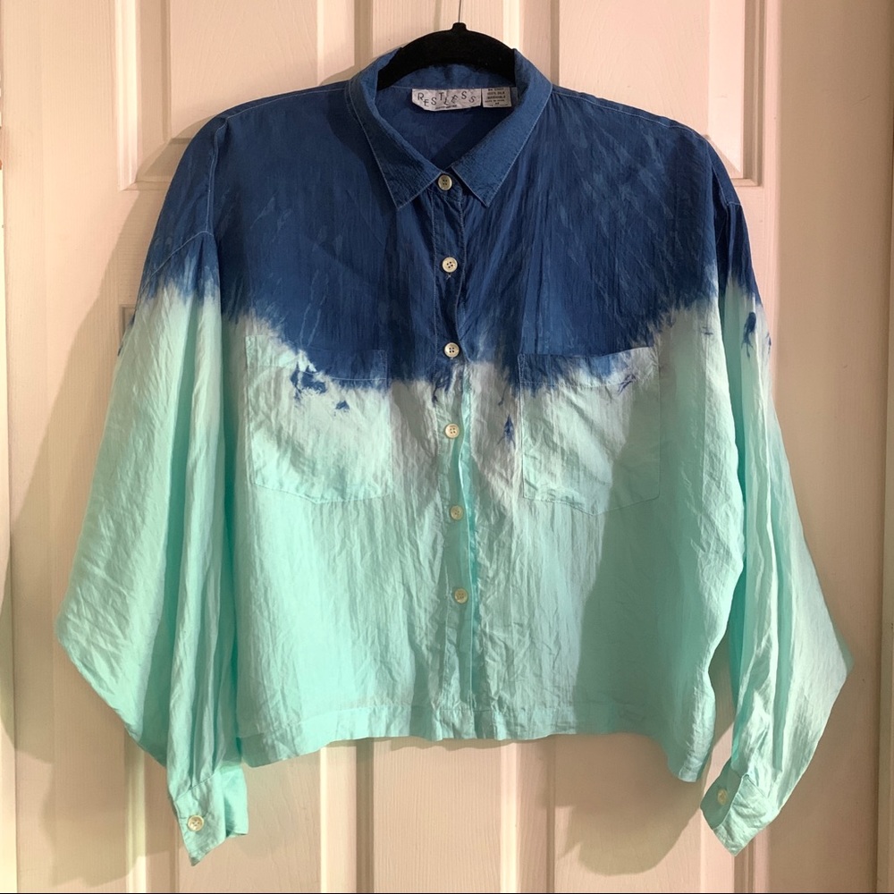 Vintage Indigo-dyed, 100% silk, cropped button down shirt